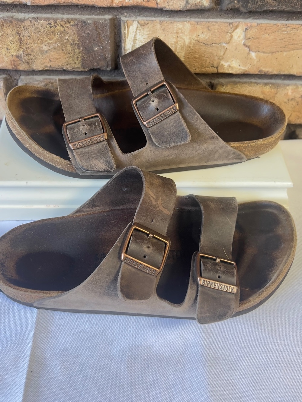 Birkenstock Men's Two-Strap Sandals Brown with Bronze Buckles